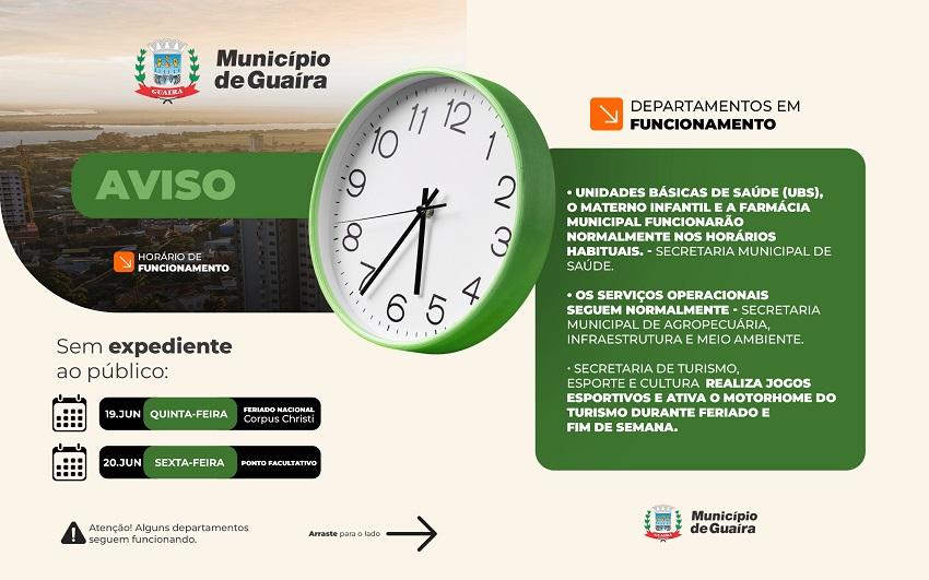 Guaíra : Município informa sobre o funcionamento das repartições públicas durante o feriado de Corpus Christi