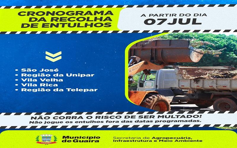 Coleta de entulhos em Guaíra: Veja os bairros que recebem o serviço entre os dias 07 e 10 de julho