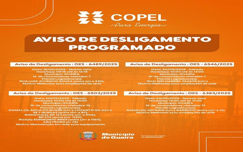 Guaíra: Cronograma de desligamento programado para melhorias na rede elétrica
