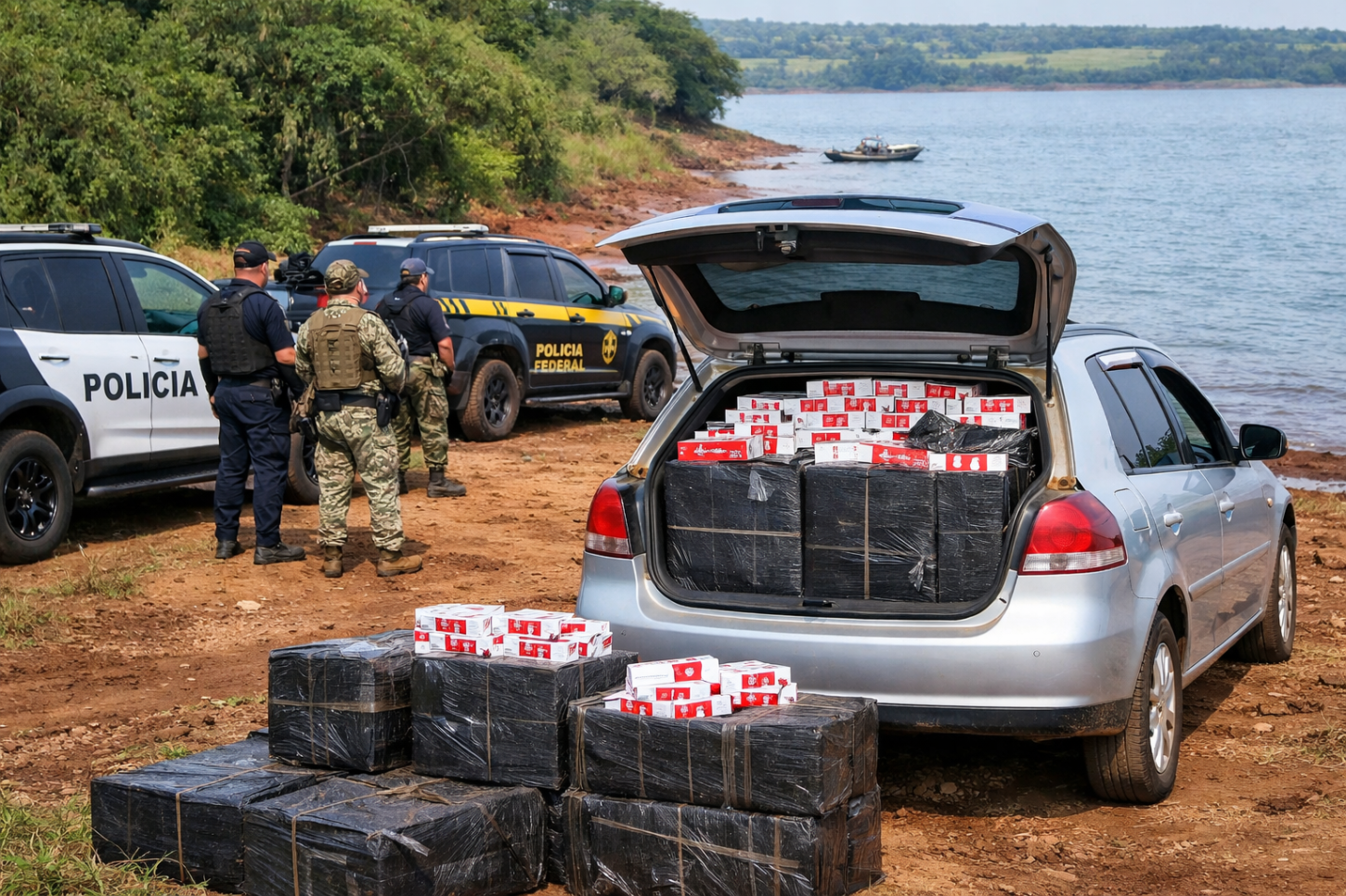 Carro com cigarros contrabandeados é apreendido às margens do Lago de Itaipu em Dr. Oliveira Castro