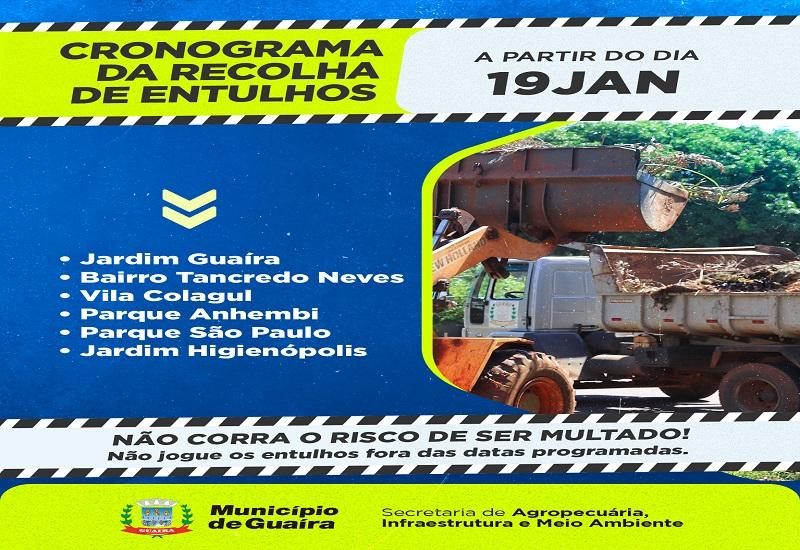 Cronograma de recolha de entulhos de 19 a 23 de Janeiro