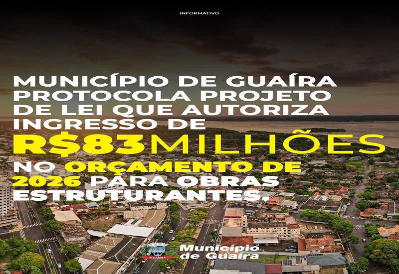 Guaíra protocola Projeto de Lei que autoriza ingresso de R$ 83 milhões no orçamento de 2026 para obras estruturantes
