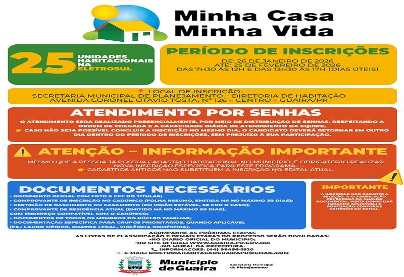 Município de Guaíra abre inscrições para 25 moradias do Programa Minha Casa, Minha Vida – FNHIS Sub 50