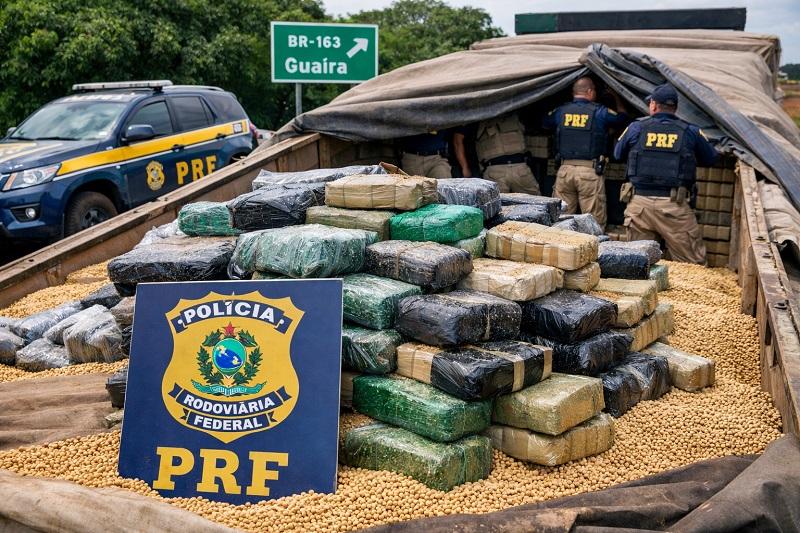 PRF apreende mais de 3 toneladas de drogas escondidas em carga de soja na BR-163, em Guaíra