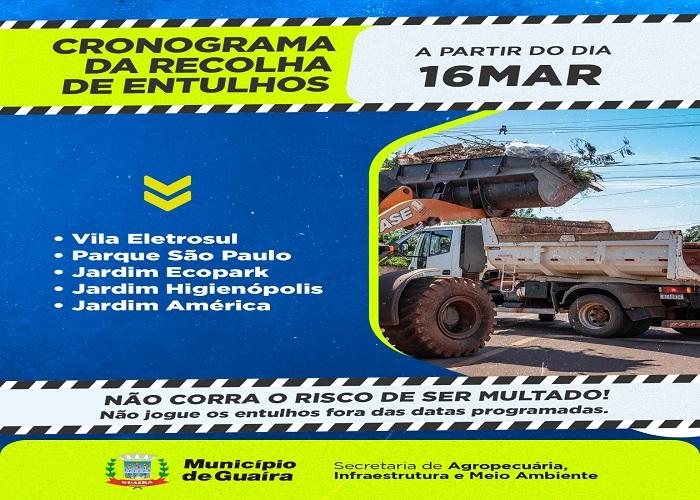 Atenção para o cronograma de recolha entulhos – 16 A 19 DE Março