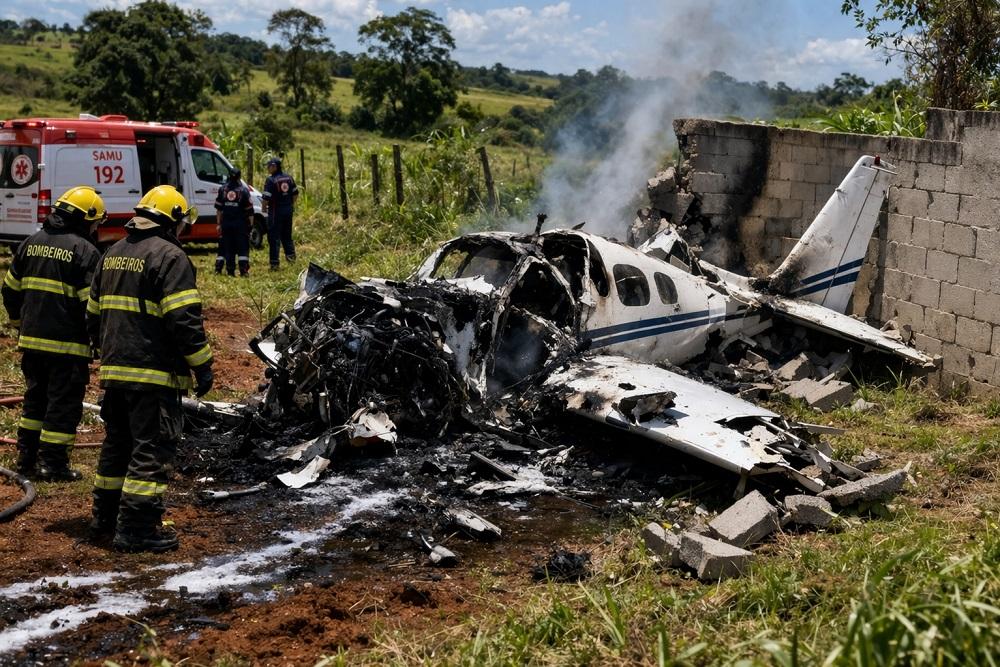Avião cai em área rural, atinge muro e mata duas pessoas