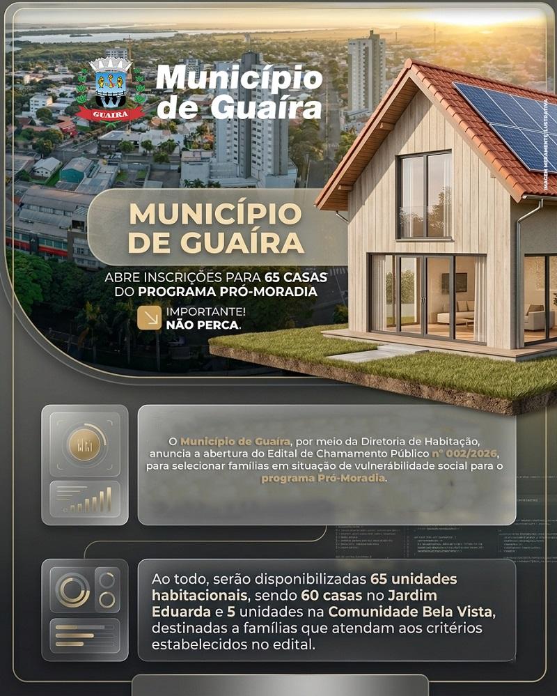 Município de Guaíra abre inscrições para 65 casas do Programa Pró-Moradia