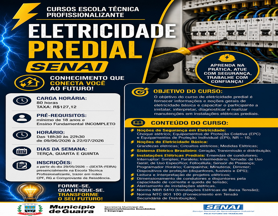 Oportunidade: Curso de Eletricidade Predial está com inscrições abertas em Guaíra