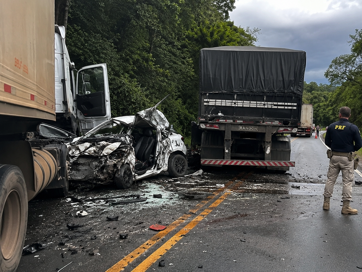Tragédia na PR-090: motorista morre após violenta colisão envolvendo três caminhões e carro de passeio
