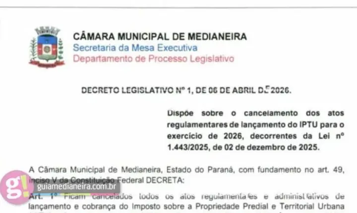 Atenção, moradores de Medianeira! Câmara cancela todos os carnês e cobranças do IPTU 2026